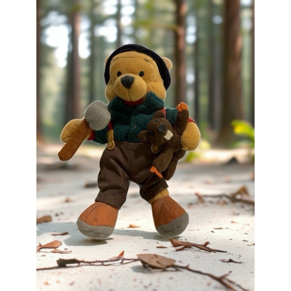 DISNEY WINNIE THE POOH AS LUMBERJACK‎ W/AXE & BEAVER MINI BEAN BAG PLUSH